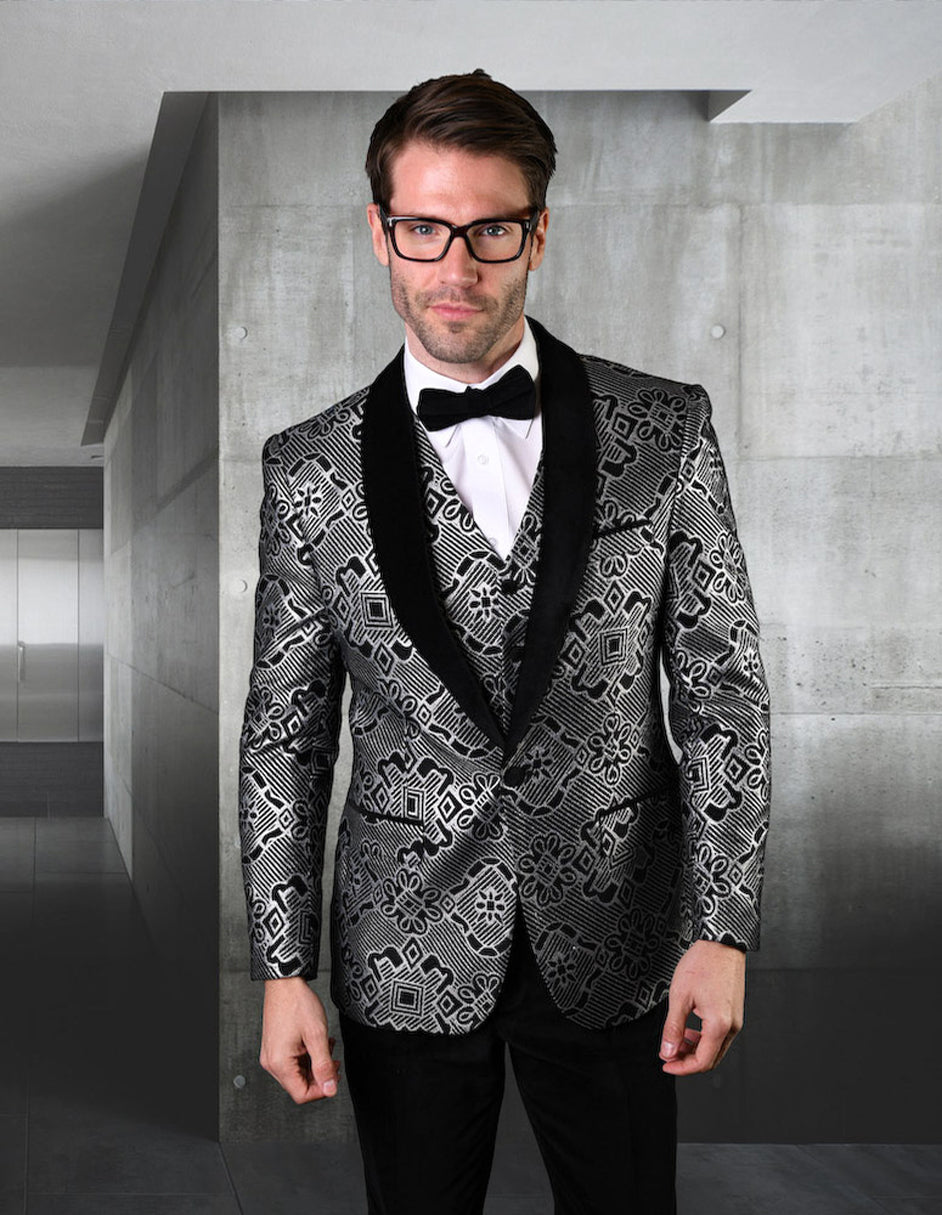 Mens Vested One Button Geometric Print Prom Tuxedo in Black - 46 Short