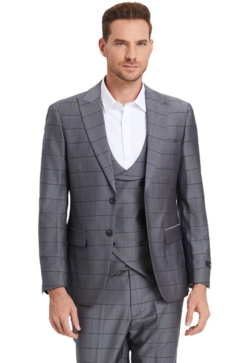 "Sharkskin Suit Men's Charcoal Grey Windowpane Plaid - Two Button Vested Peak Lapel"