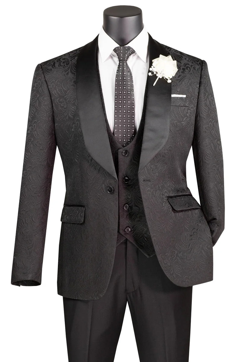 Black Slim Fit Men's Paisley Wedding Tuxedo with Vest