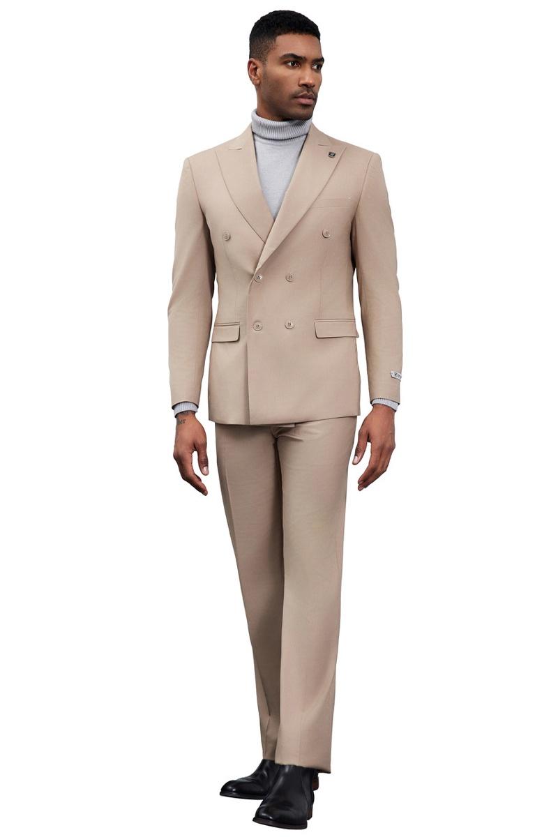 Men's Designer Stacy Adams Classic Double Breasted Suit in Tan - 34 Regular