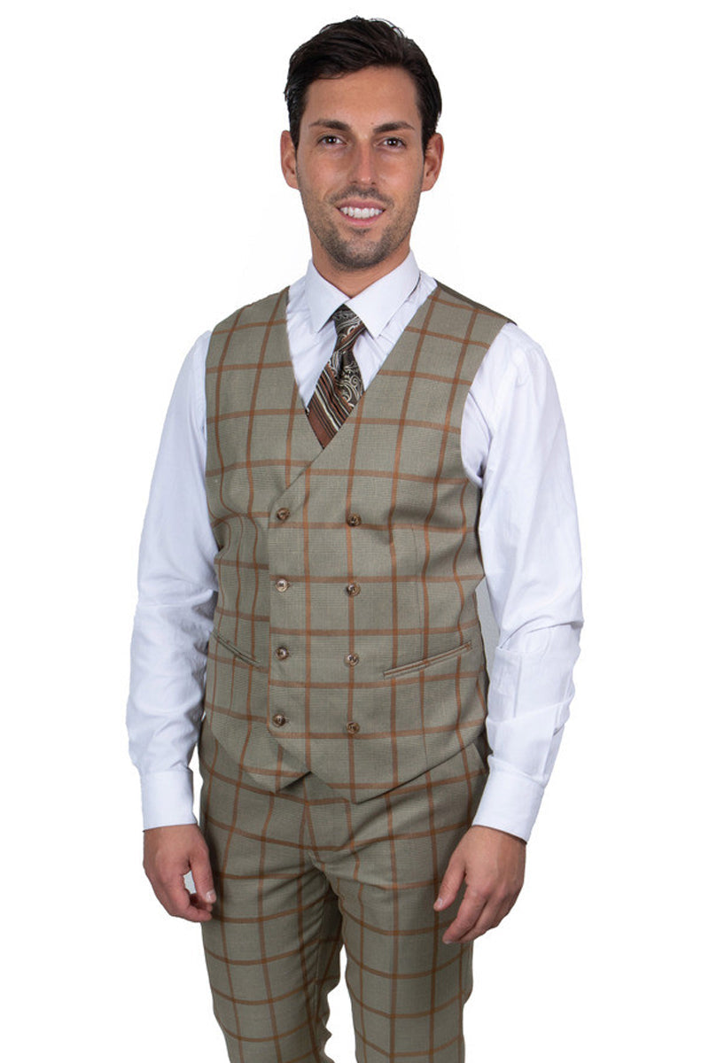 "Mens Stacy Adams Suit - Stacy Adams Suit Men's Vested Suit - Tan & Gold Windowpane Plaid, One Button Peak Lapel" - 62 Regular