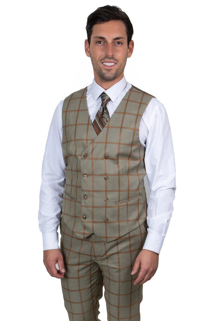 "Mens Stacy Adams Suit - Stacy Adams Suit Men's Vested Suit - Tan & Gold Windowpane Plaid, One Button Peak Lapel"