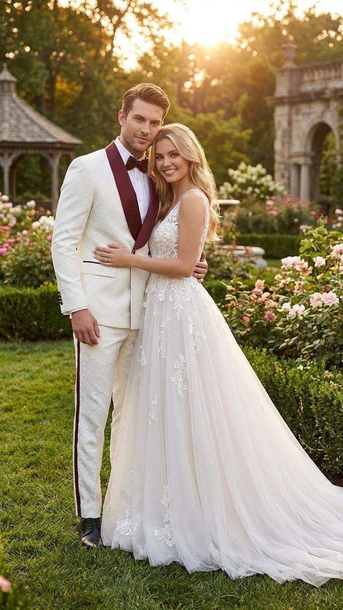 Mens Ivory and Burgundy Jacquard Tuxedo Suit Luxury Slim Fit 3-Piece Formal Wedding, Prom, and Gala Outfit in Cream Off White Color