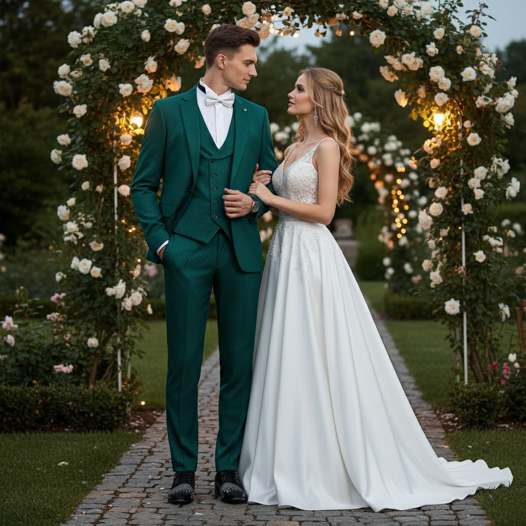 Men’s Emerald Green Textured 3-Piece Suit – Polk Dot Pattern Formal Wedding, Prom, and Evening Wear Outfit - 34 Short or Extra Small