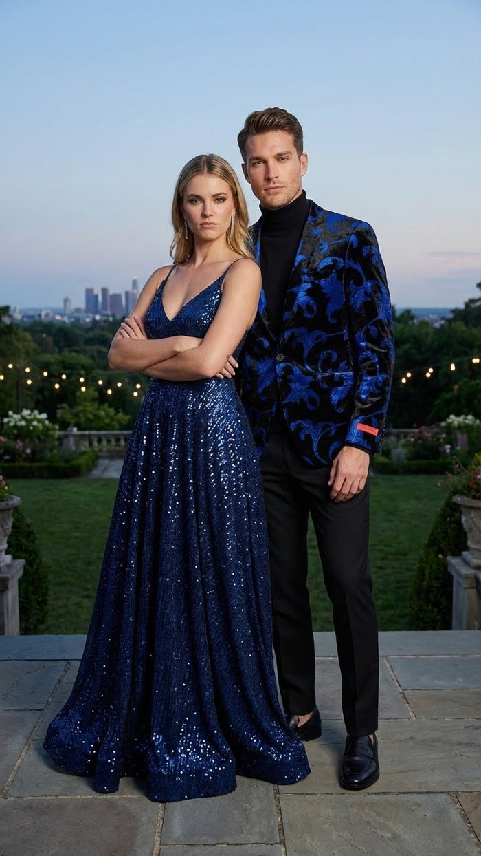 Mens Black and Royal Blue Patterned Blazer Paisley Floral Sport Coat Prom Jacket