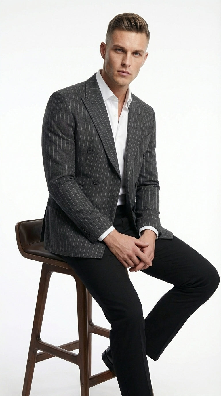 Mens Charcoal Gray Pinstripe Double Breasted Blazer Sport Coat – Classic Formal Business Jacket for Office and Smart Casual Wear - 36 Short