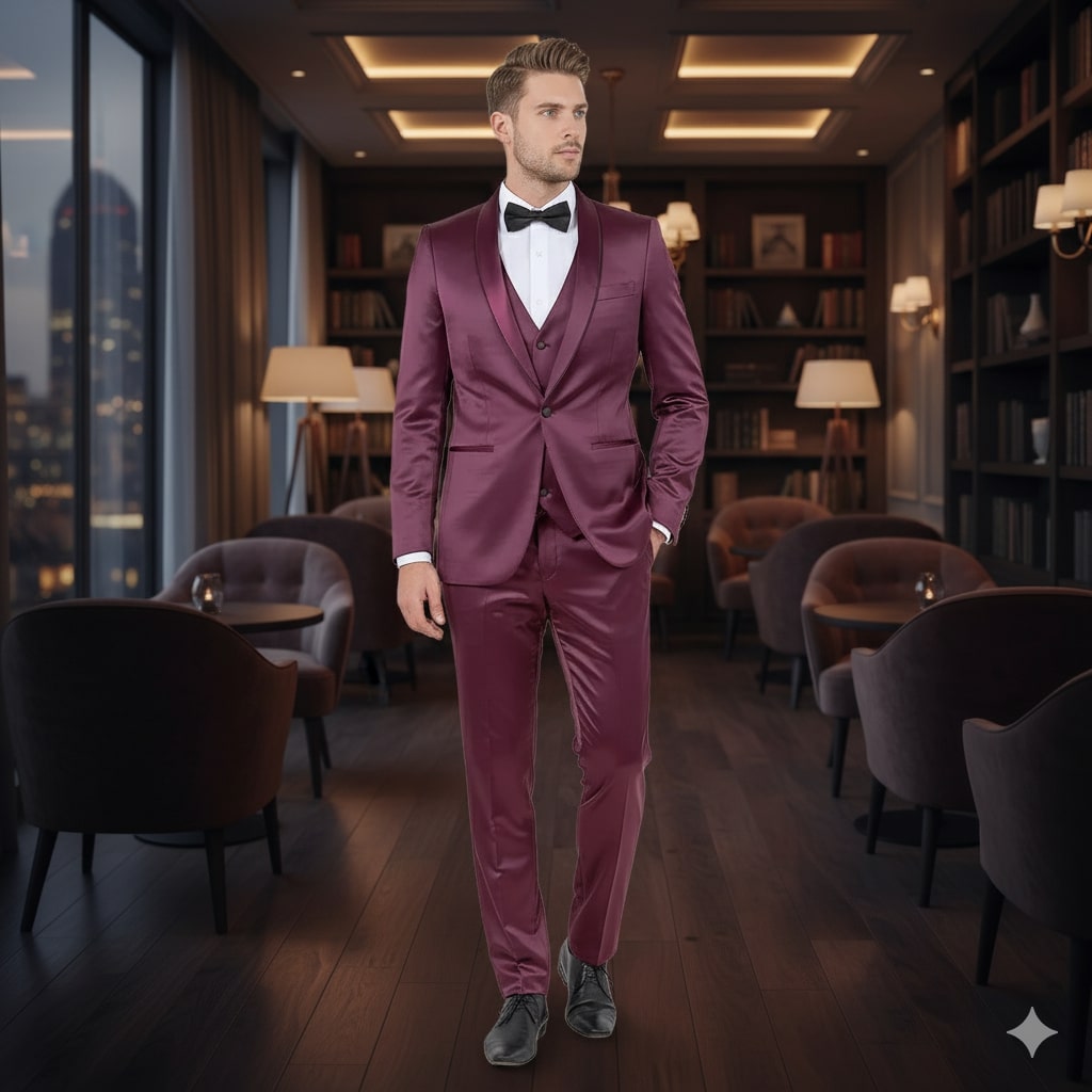Mens Sateen Shiny Burgundy Slim Fit Tuxedo – Satin Shawl Lapel 3-Piece Suit - 34 Short or Extra Small