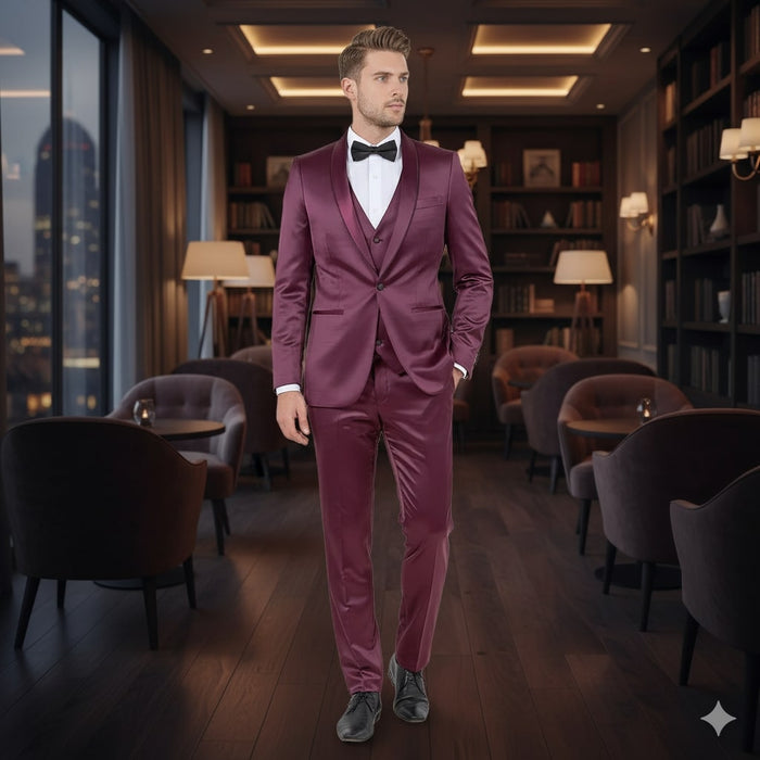 Mens Sateen Shiny Burgundy Slim Fit Tuxedo Satin Shawl Lapel 3-Piece Suit