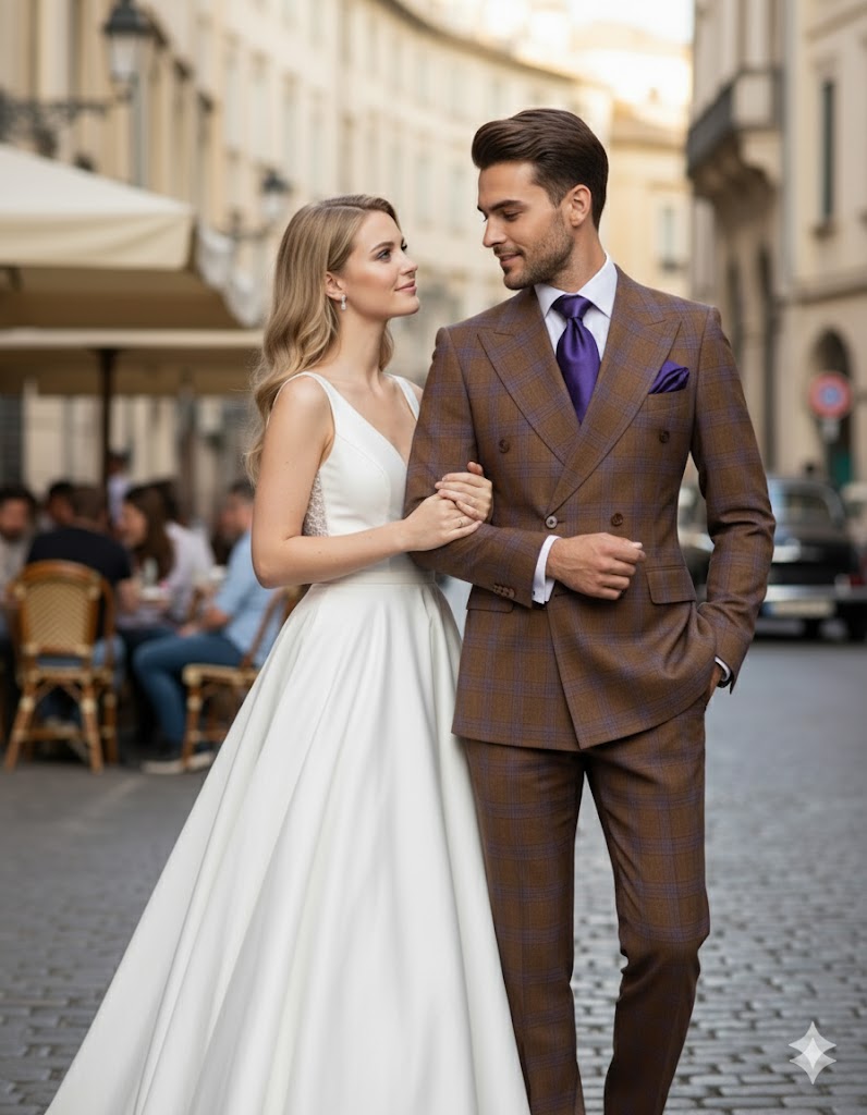 Mens Brown Plaid Double-Breasted Suit Premium 2-Piece Classic Checkered Windowpane Suit by Rossiman - 34 Short or Extra Small