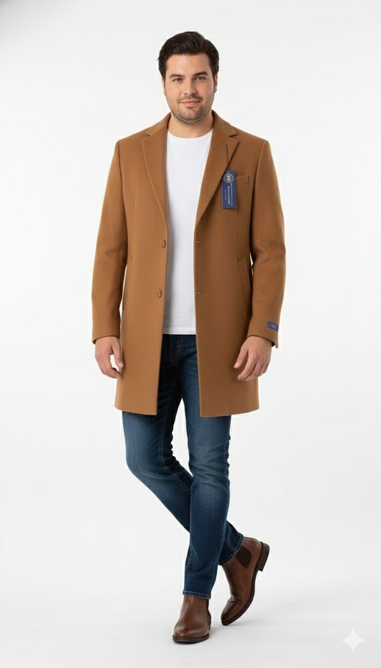 Men’s Camel Brown Wool Top Coat – Classic Long Overcoat for Formal and Casual Wear in rust copper - Coat Size 38