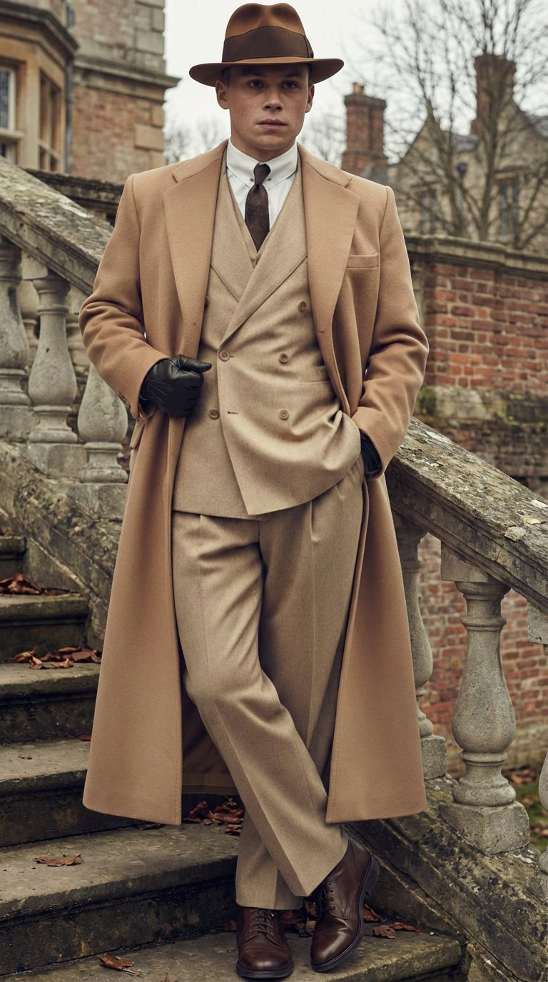 Men’s Cashmere & Wool Camel Beige Long Overcoat – Peaky Blinders Style Vintage Formal Coat + Suit + Hat Package - Coat Size 38