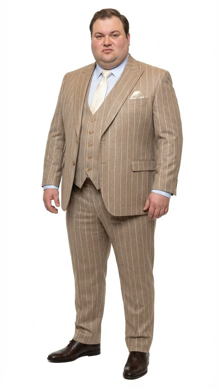 Men's Beige Pinstripe Three-Piece Vested Suit Tailored Fit  Business Attire in Tan Stripe by Rossiman