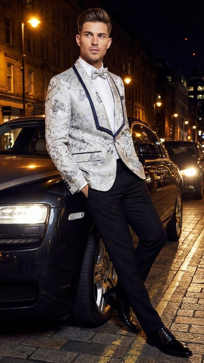 Mens White and Navy Blue Lapel  Floral Jacquard Blazer with Contrast Shawl Lapel Luxury Wedding and Party Wear Jacket paisley Tuxedo Navy Pants