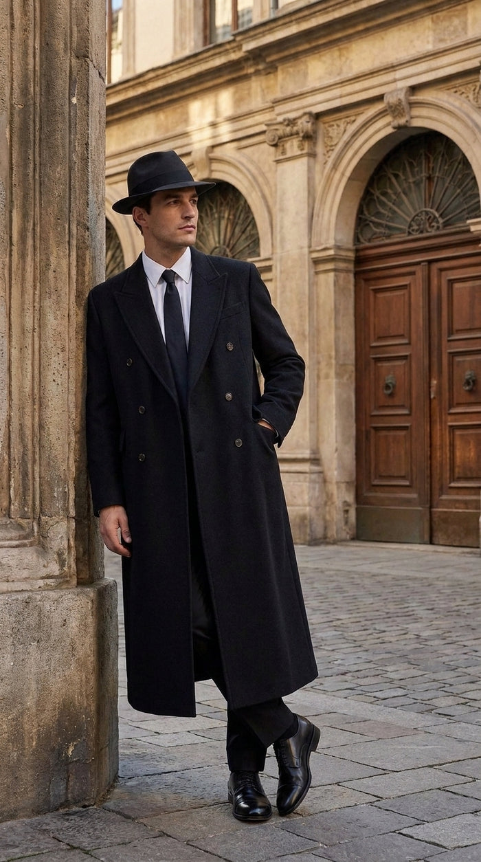 Men’s Godfather Black Double-Breasted Long Overcoat – Vintage Mobster Gangster Coat