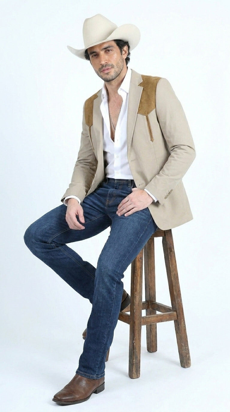 Men’s Khaki Western Blazer with Suede Yokes, Cowboy Sport Coat , Ranch and Country Events in Tan Khaki Color By Platini - 36 Short