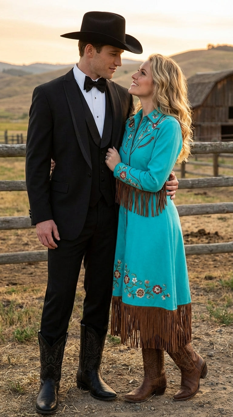 Black Western Tuxedo for Men | Classic Three Piece Formal Wedding Peak Lapel with Trim Collar Cowboy Suit - 34 Short or Extra Small