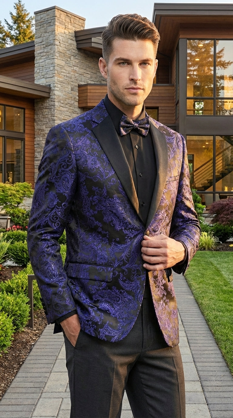 Mens Royal Blue Paisley Jacquard Blazer – Luxury Pattern Tuxedo Dinner Jacket with Black Satin Lapel for Wedding, Prom With Bowtie - 36 Short