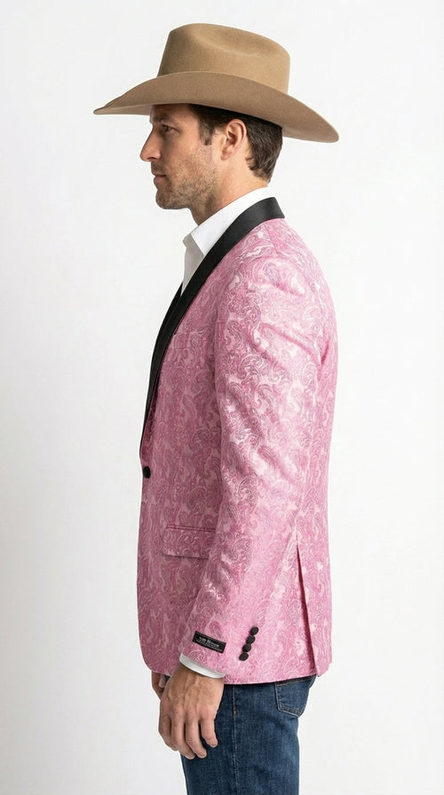 Mens Hot Pink Paisley Western Blazer Jacket – Stylish Pattern Formal Blazer with Black Shawl Lapel for Party, Wedding Cowboy Sportcoat