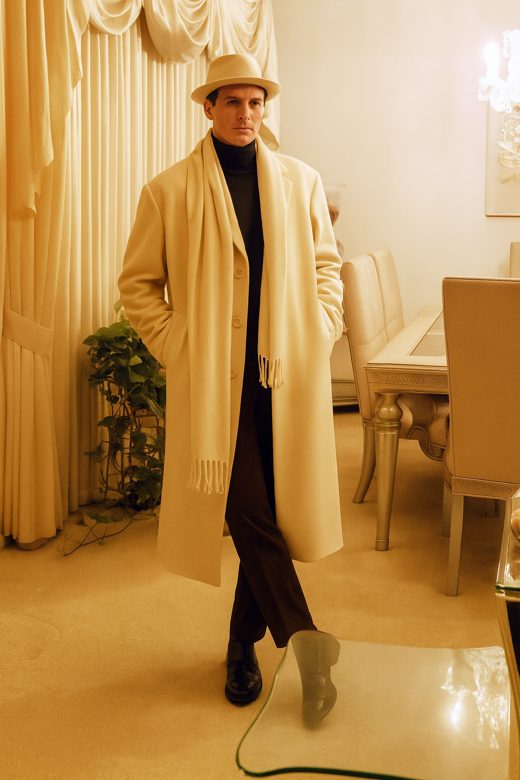 Men’s Long Cream Overcoat Wool Fabric in Ivory Off White Color Full length - Coat Size 38