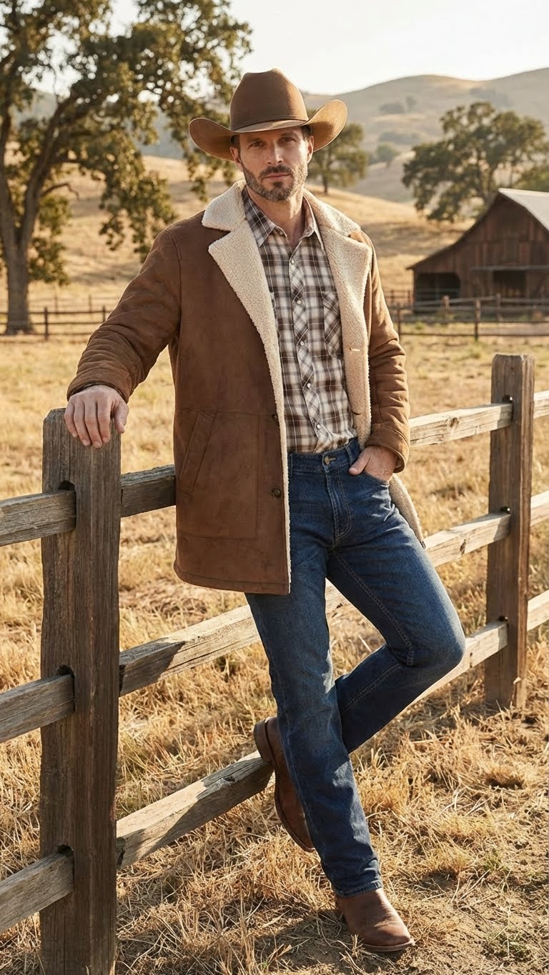 Mens Brown Western Faux Suede Blazer Coat Cowboy Style Long Jacket for Wedding, Party and Special Events