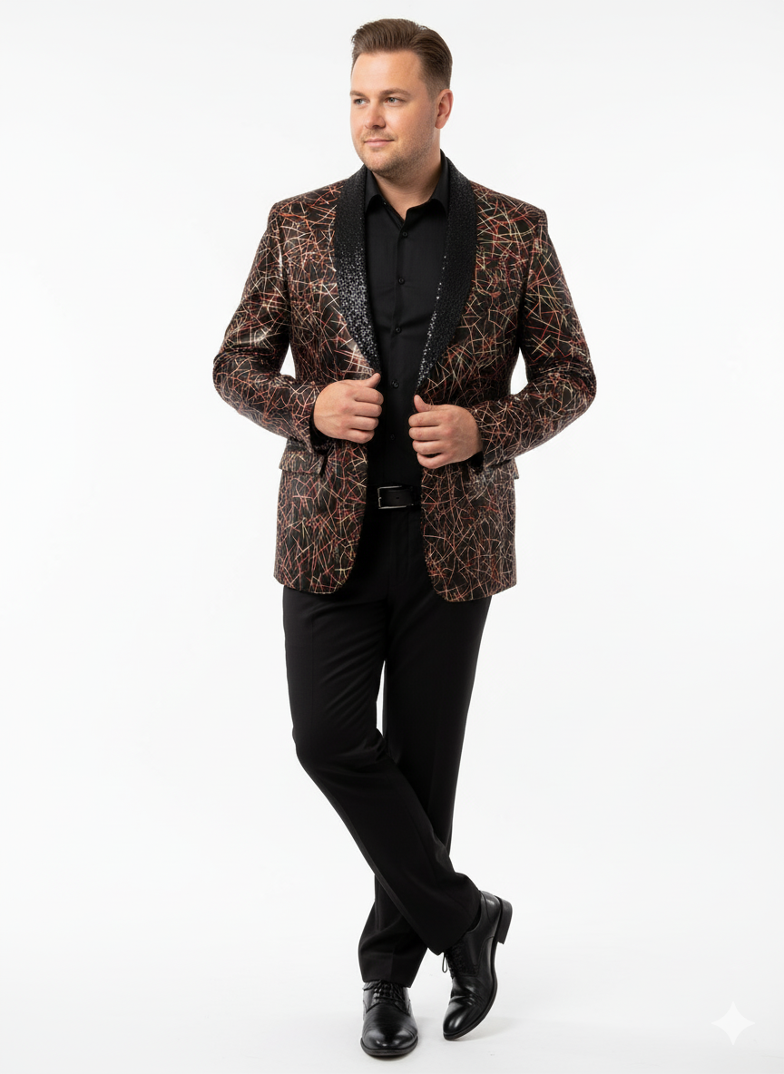 Menâ€™s Black Shiny Designer Blazer with Red and Gold Pattern â€“ Luxury Party & Wedding Jacket - 36 Short