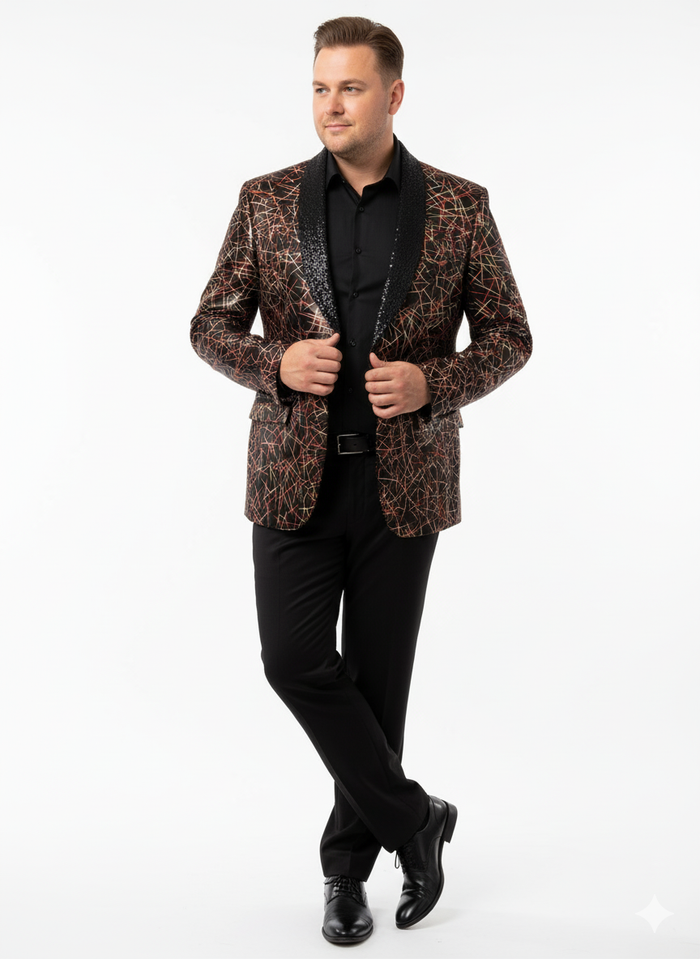 Mens Black Shiny Designer Blazer with Red and Gold Pattern Luxury Party & Wedding Jacket