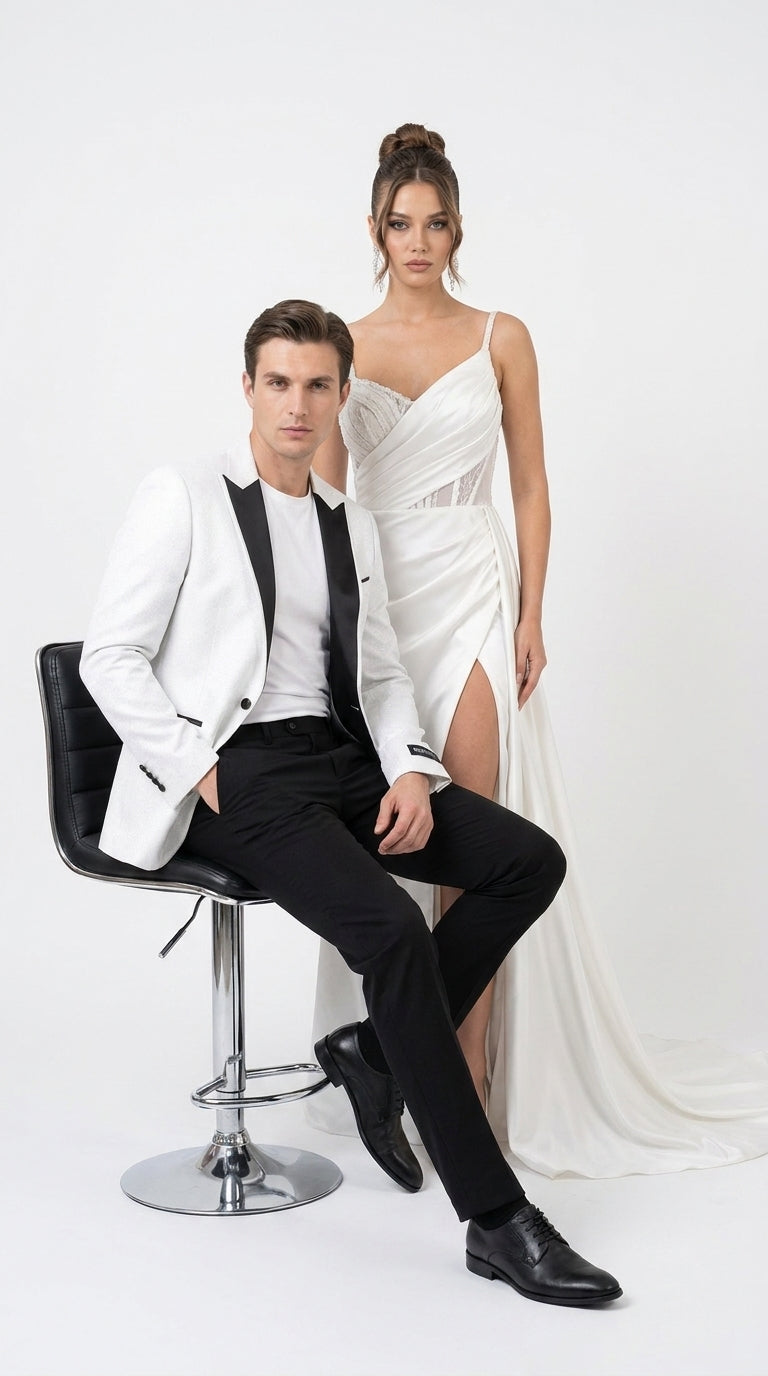 Men's White Sparkle Dinner Jacket – Black Satin Shawl Lapel Tuxedo Blazer   Slim Fit Sequin Shiny Prom Jacket - 34 Short or Extra Small