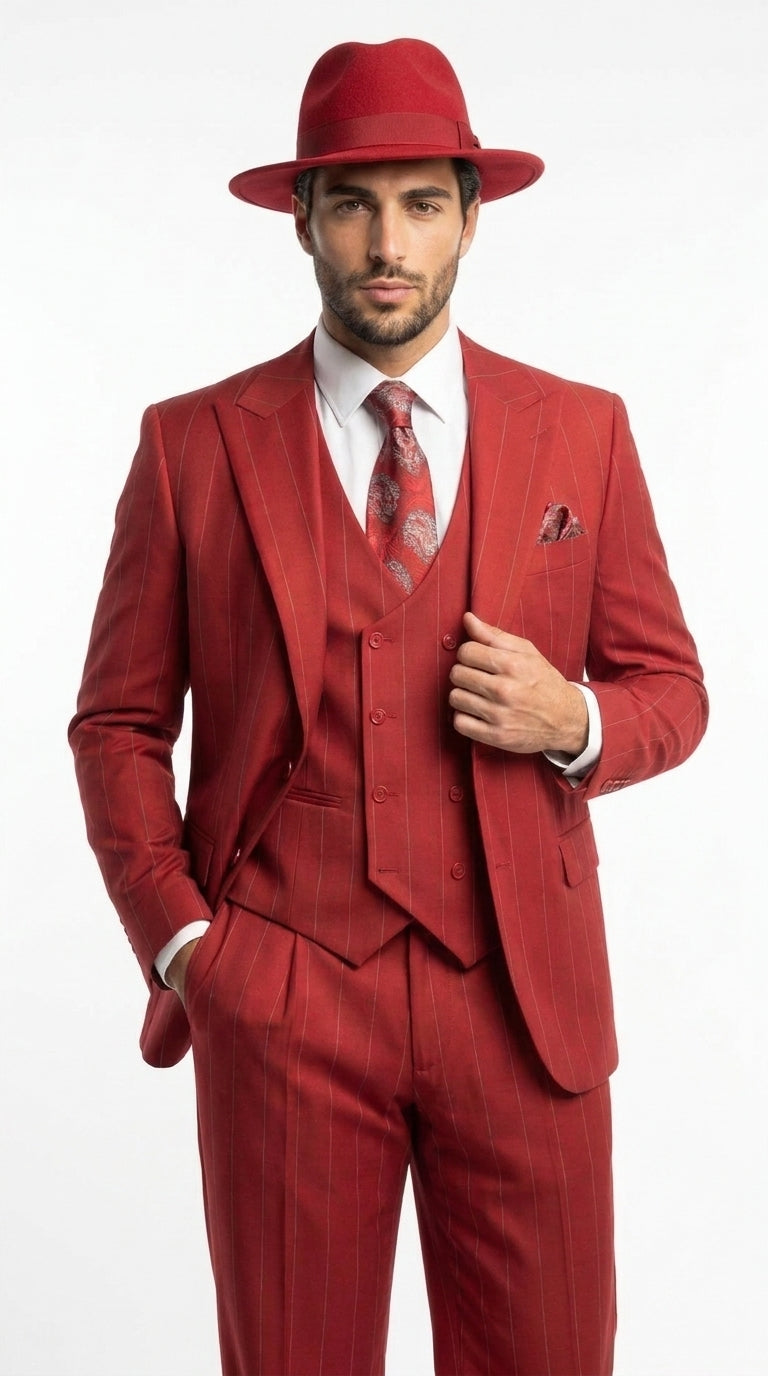 Men’s Red & White Pinstripe 3-Piece Suit by Mazari – Peak Lapel Classic Fit Gangster Suit with Pleated Pants - 34 Short or Extra Small