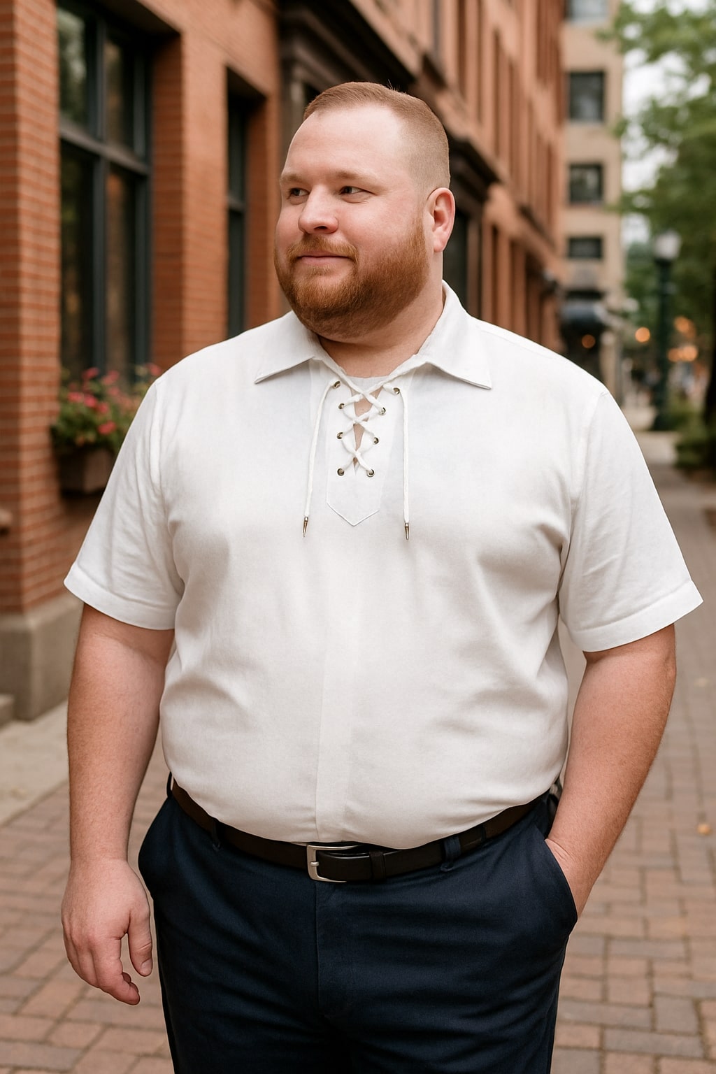 Menâ€™s White Lace-Up Renaissance Shirt â€“ Linen Fabric Short Sleeve Casual Pirate Peasant Top - 15.5"Neck-34-35" Sleeve