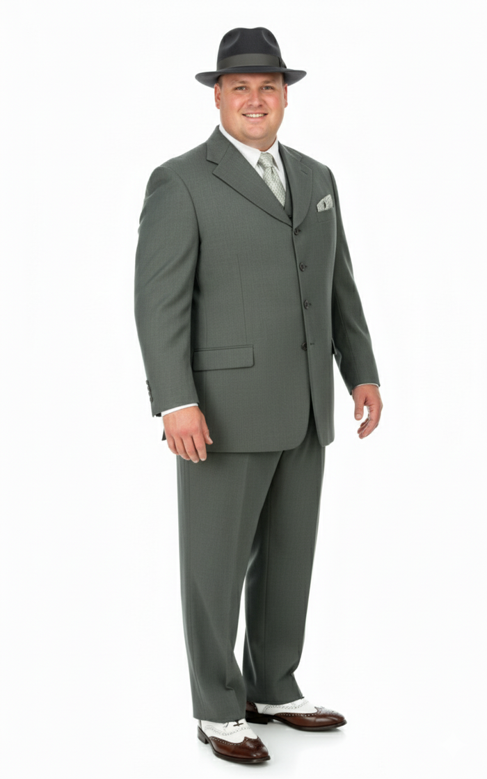 Mens 1920s Gray Zoot Suit 4 Buttons  Gangster Wide Lapel Long Jacket 3-Piece Suit in Grey Color Classic Fit Pleated Pants