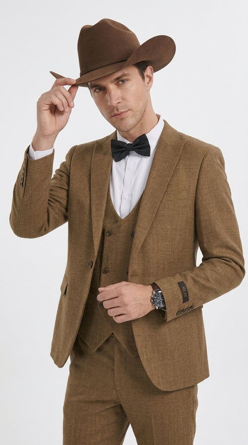 Men’s Light Brown Western 3-Piece Suit – Cowboy Wedding Suit with Vest British Khaki Bronze Color