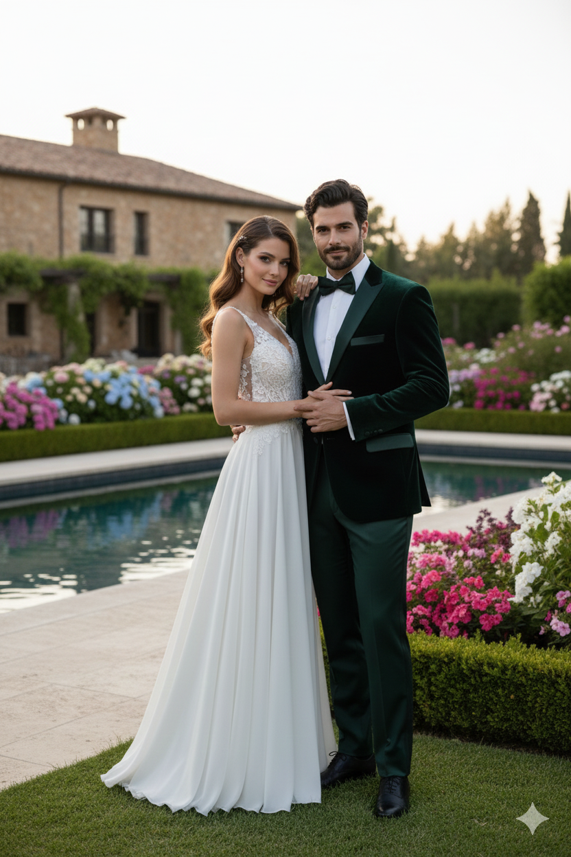 Men’s Dark Green Velvet Tuxedo Dinner Jacket – Slim Fit Formal Blazer with Satin Peak Lapel Lape - 36 Short