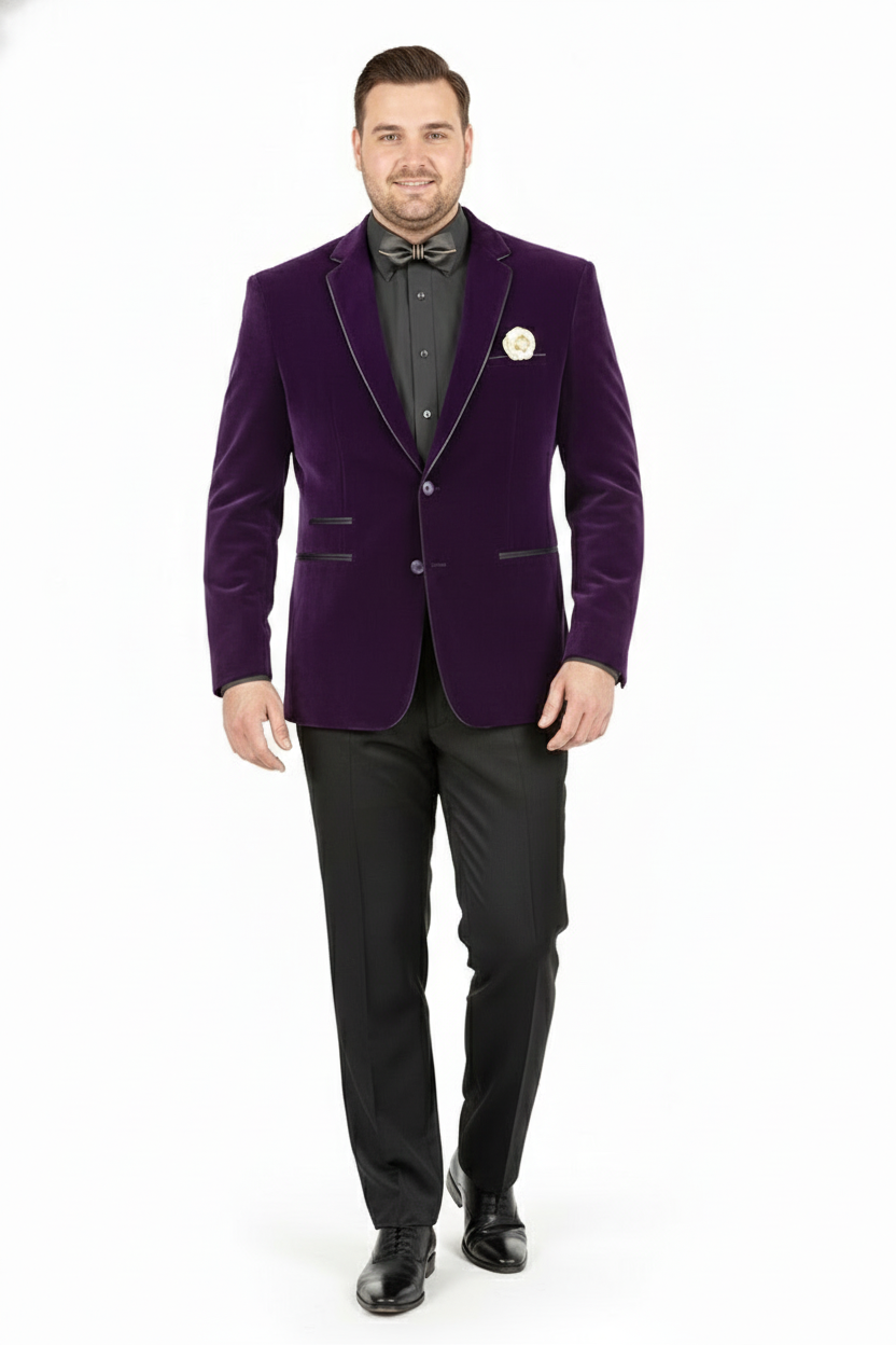 Mens Purple Velvet Blazer Luxury Slim Fit Formal Jacket with Black Satin Trim Tuxedo Dinner Jacket - XS