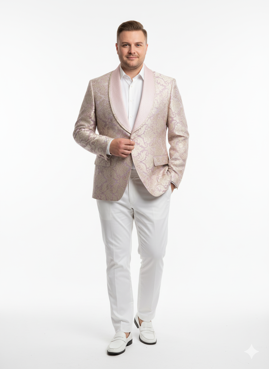 Menâ€™s Lavender and Gold Tuxedo Embroidered Lilac Mauve Blazer â€“ Designer Floral Pattern Wedding & Party Jacket - 36 Short