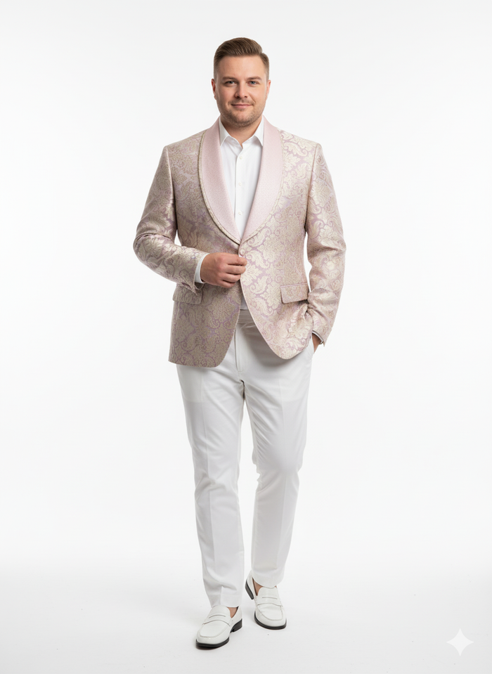 Mens Lavender and Gold Tuxedo Embroidered Lilac Mauve Blazer Designer Floral Pattern Wedding & Party Jacket