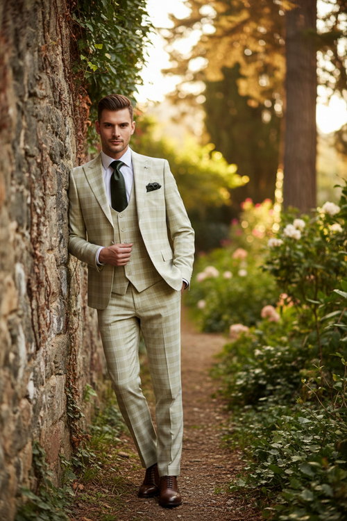 Mens Light Beige Check 3-Piece Suit Set  Premium Tailored Fit Formal Wedding and Spring Event Suit Light Tan Sand Color By Rossiman