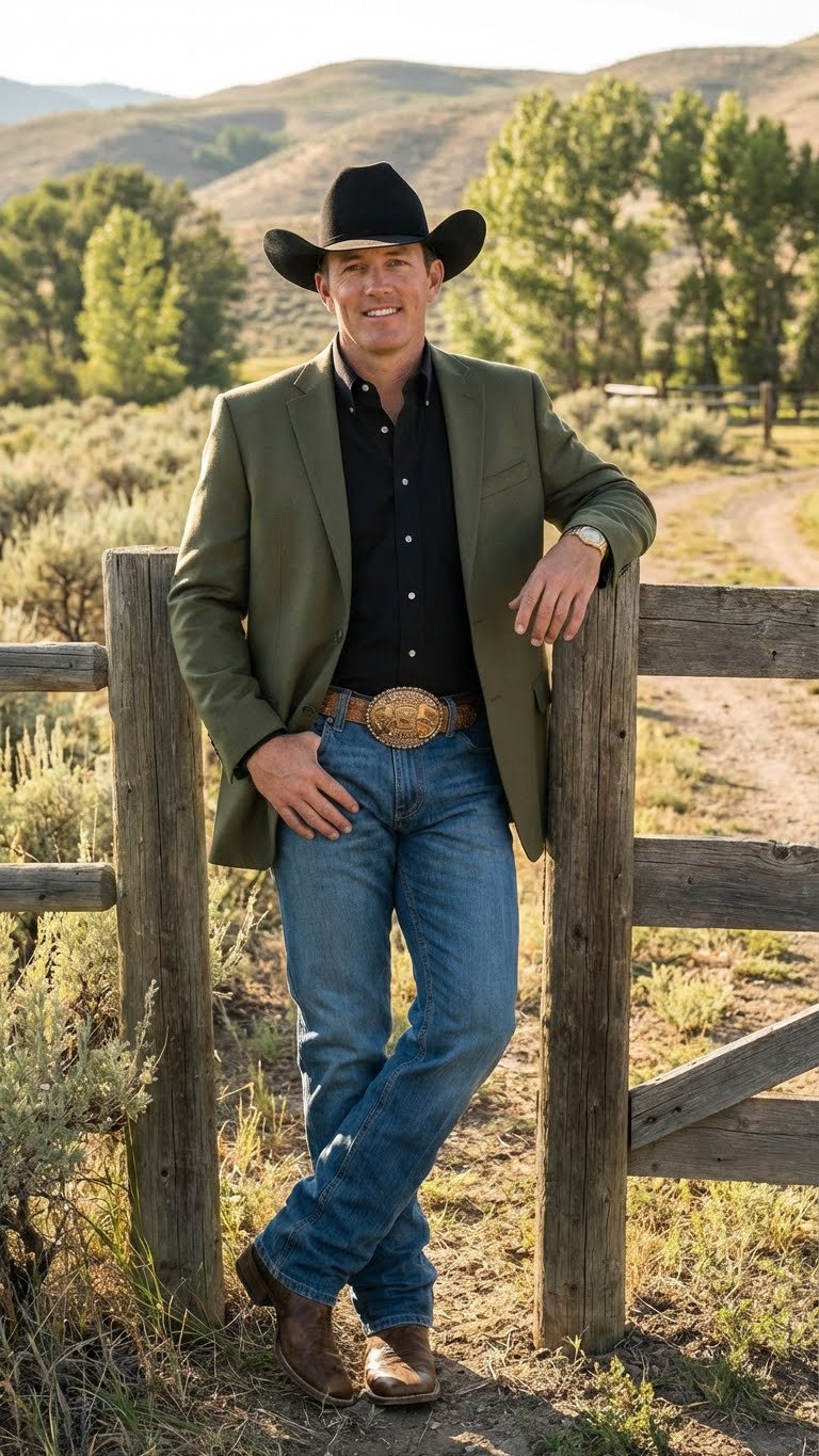 Men’s Olive Green Western Blazer Jacket, Classic Cowboy Style Sport Coat for Casual Formal Wear with Jeans - 36 Short