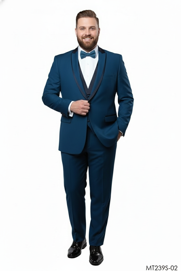 Mens Teal Blue Tuxedo 3-Piece Formal Suit with Satin Shawl Lapel, Vest, and Pants in Saphire Cobalt Blue Color