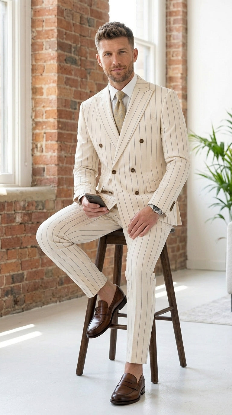 Men’s Cream Off White Pinstripe Linen Pinstripe 2 Piece Double Breasted Suit, Summer Wedding Ivory Color By Vitali - 34 Short or Extra Small