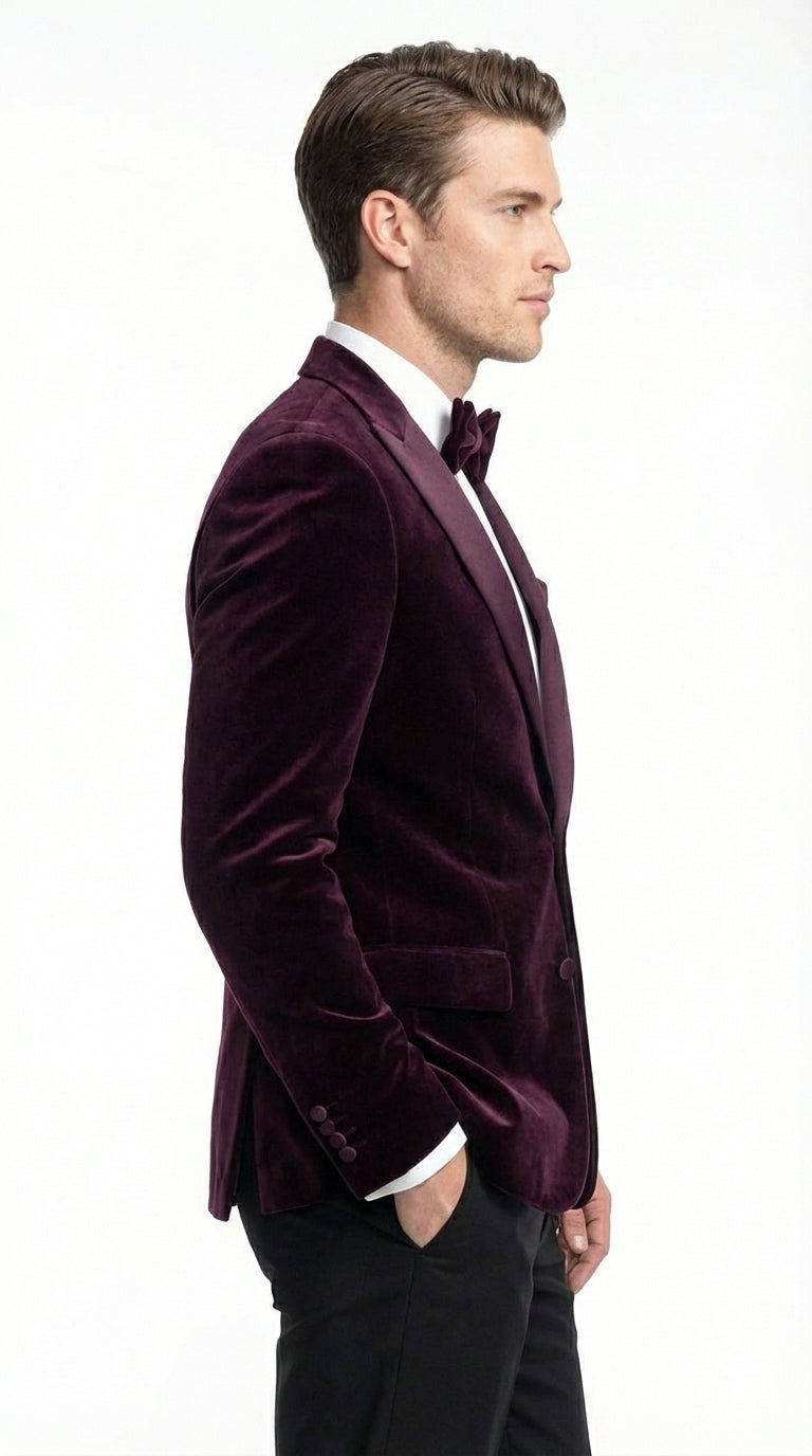 Mens Plum Eggplant Velvet Blazer Jacket – Luxury Velvet Dinner Jacket for Wedding, Tuxedo Events, Formal Parties in Burgundy Color - 36 Short