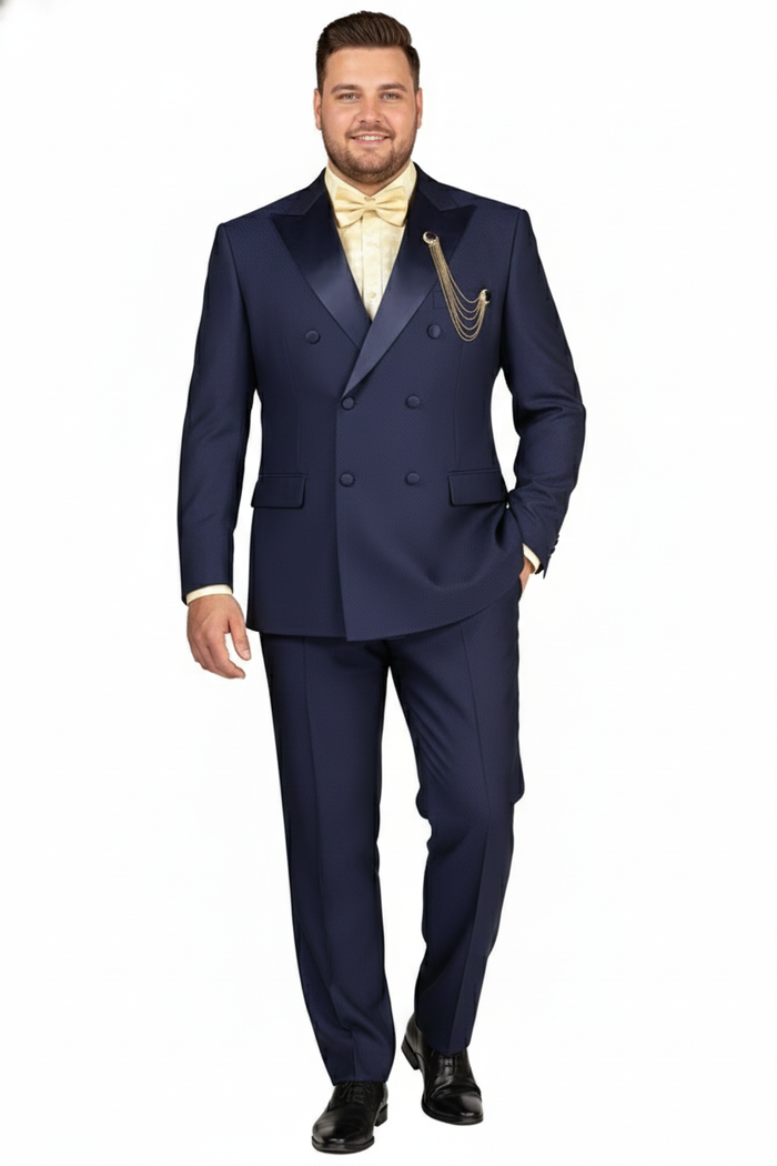 Mens Navy Blue Double-Breasted Tuxedo with navy Satin Peak Lapel Wedding Suit