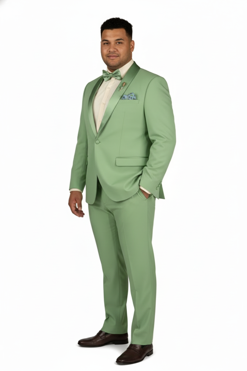 Men’s Mint Green Tuxedo – 2-Piece Formal Suit with Satin Shawl Lapel and Matching Bow Tie in  Sage Green - 34 Short or Extra Small
