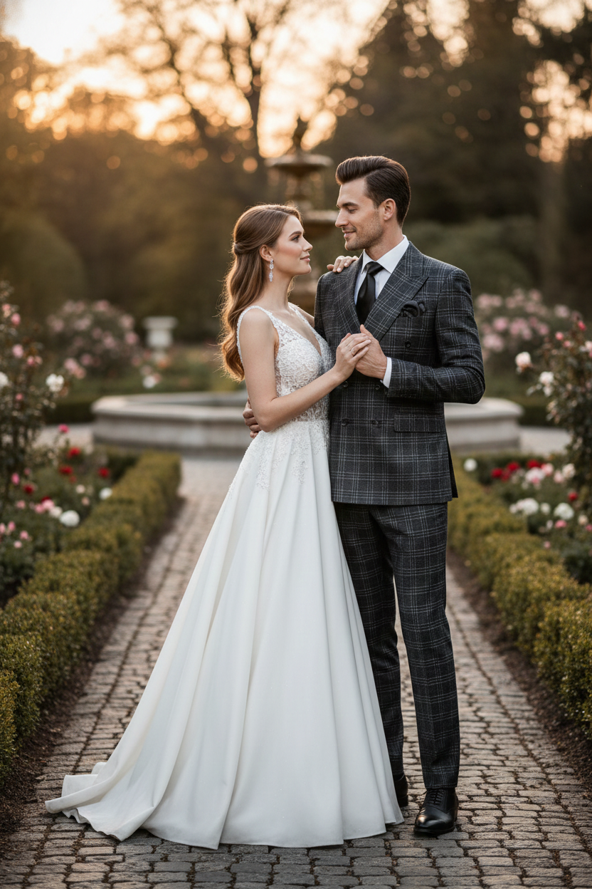 Men’s Charcoal Plaid Double-Breasted Suit –  Tailored Pants Windowpane Pattern By Rossiman - 34 Short or Extra Small