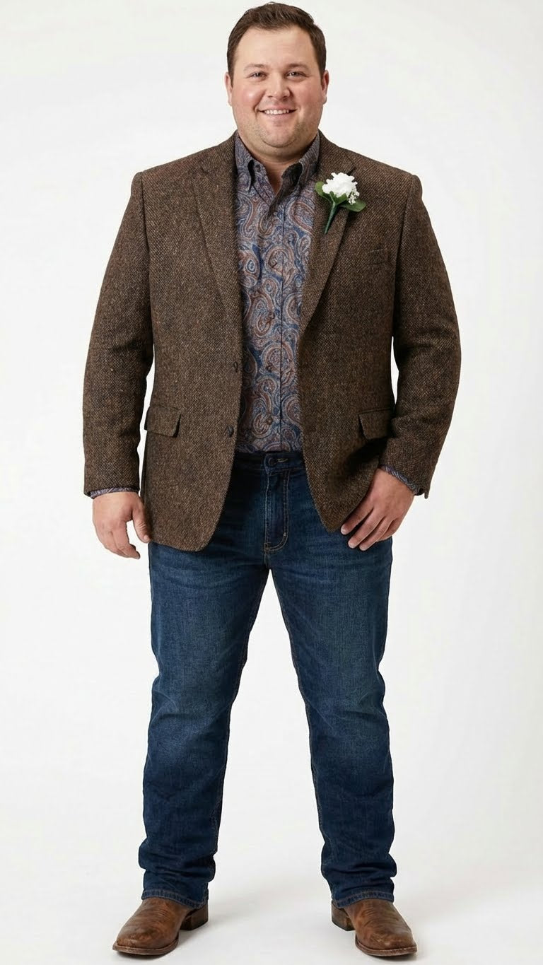 Mens Brown Western Tweed Herringbone Blazer Jacket  Classic Cowboy Style Sport Coat for Wedding Party