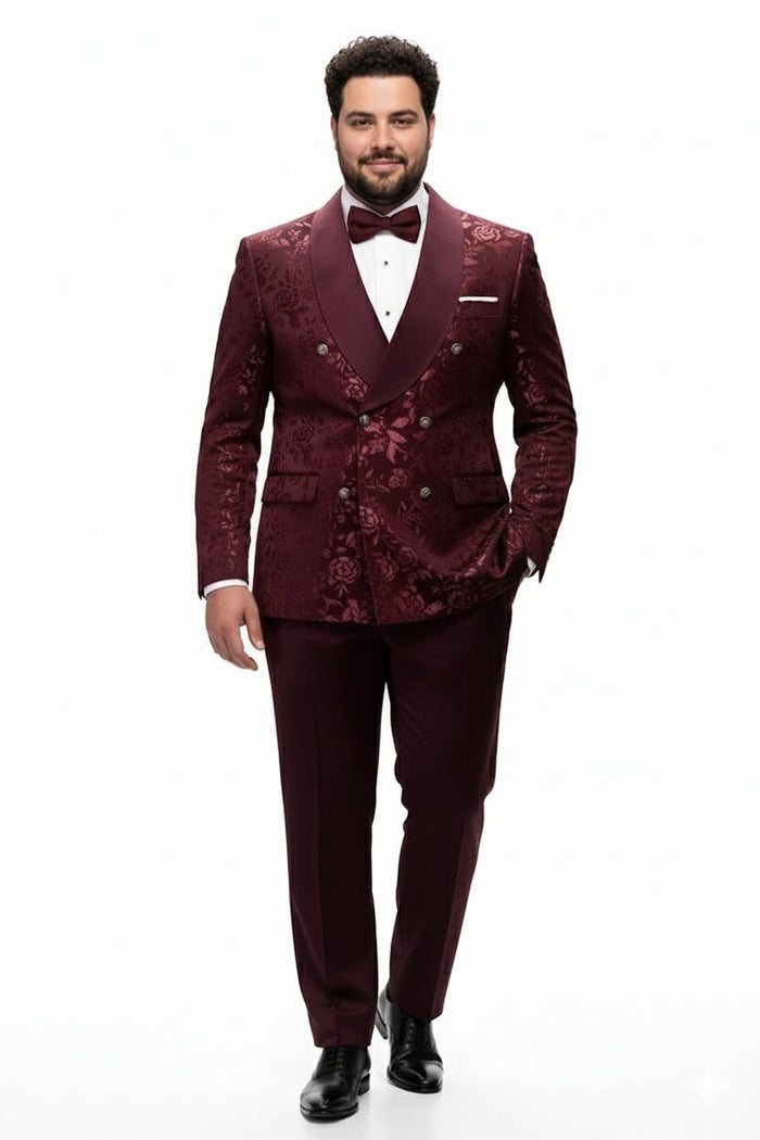 Mens Burgundy Floral Jacquard Tuxedo Dinner Jacket Paisley Velvet Lapel Formal Wear for Weddings and Prom