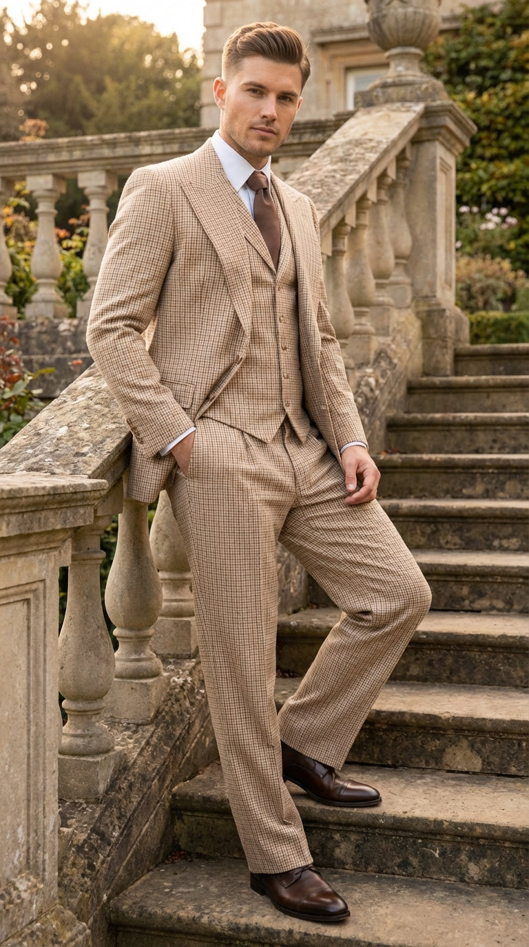 Men’s Beige tan Checkered Three Piece Suit with Classic Fit Wide Leg Pleated Pants by Rossiman khaki color - 34 Short or Extra Small
