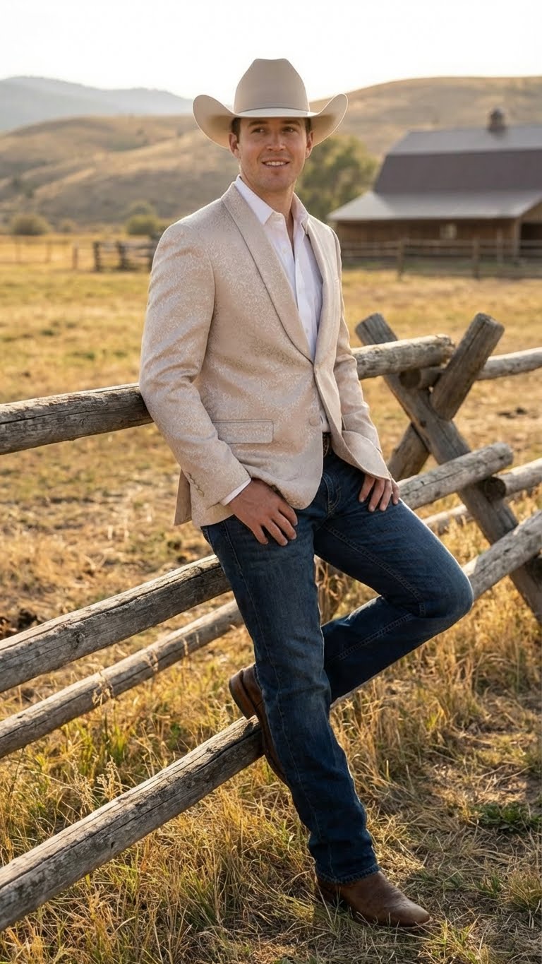 Men’s Tan Khaki Beige Cream Champaign Paisley Western Blazer Jacket, Embossed Dress Sport Coat for Wedding Party Rodeo Style - 36 Short