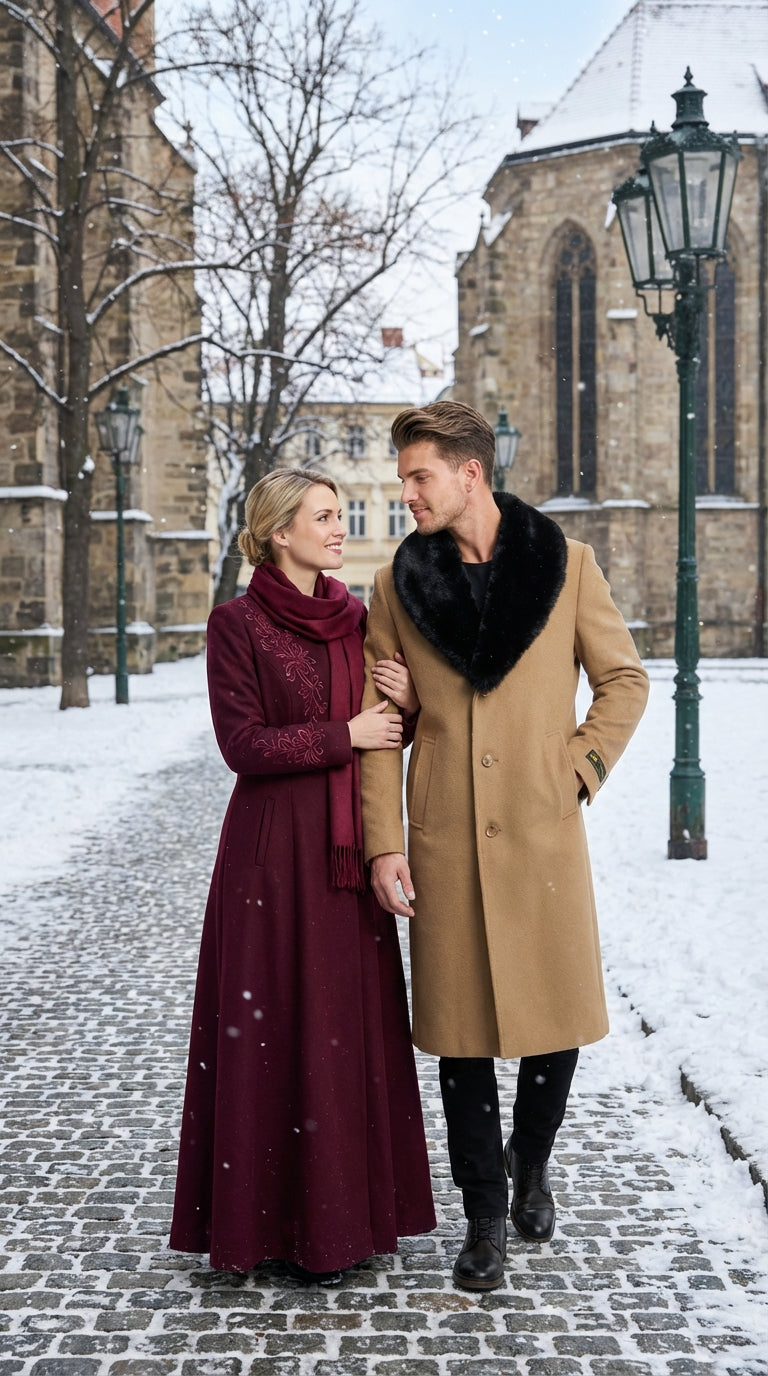 Mens Camel Tan Long Overcoat with Black Faux Fur Collar - Wool Topcoat Three if not Full length - Three Quarter