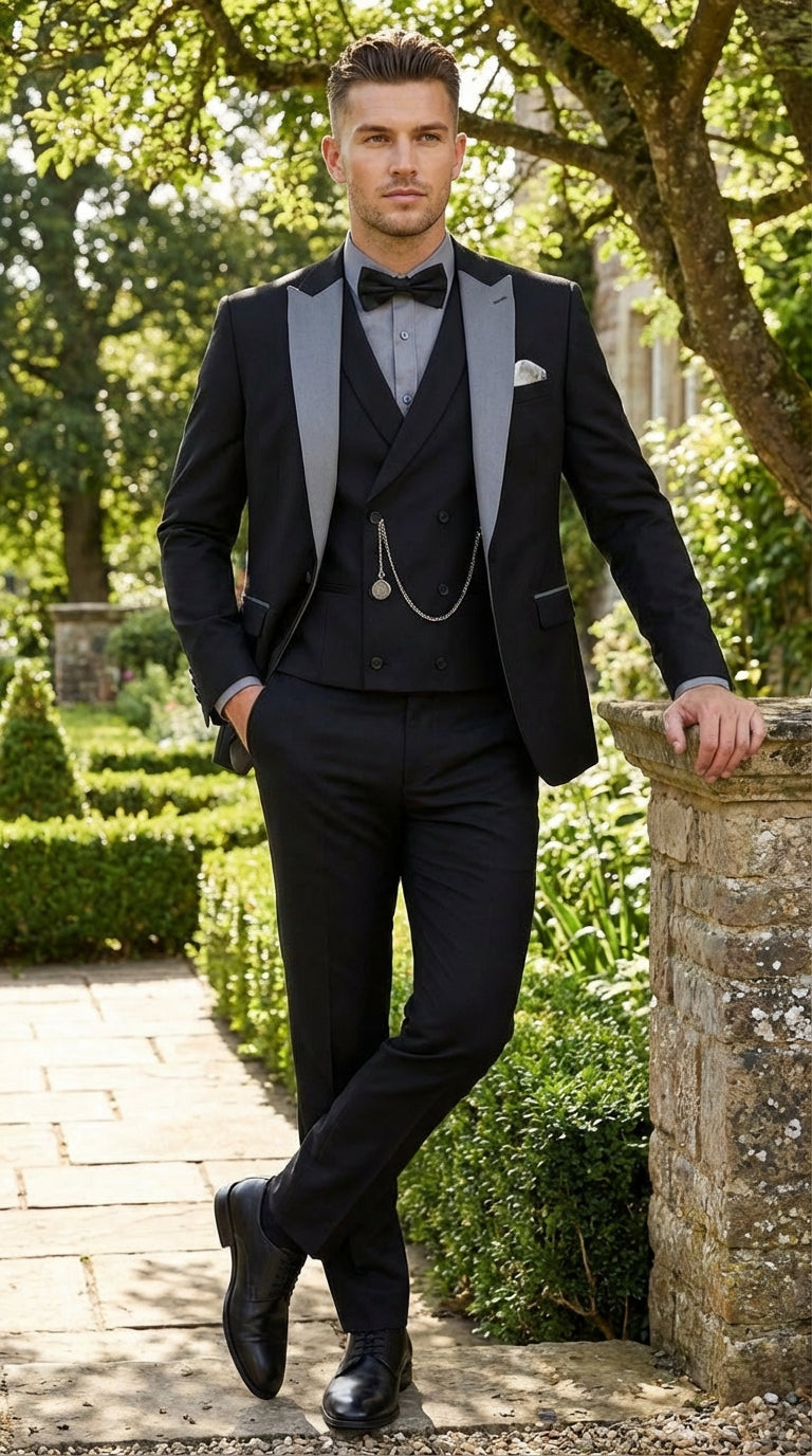 Mens Black And White Lapel 3 Piece Tuxedo Suit with Silver Gray Satin Lapel | Formal Wedding Prom Suit Set - 38 Short Jacket+32 Waist Adjustable 28to34)(Height: 5 4 to5 7 )(Neck  15-16.5)S-M)