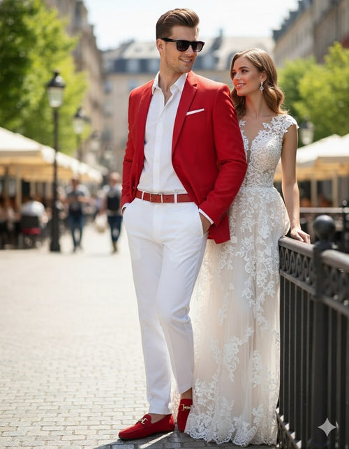 Mens Red Blazer and White Pants Set Stylish Casual Dress Outfit For New Year Holiday and Christmas Suit